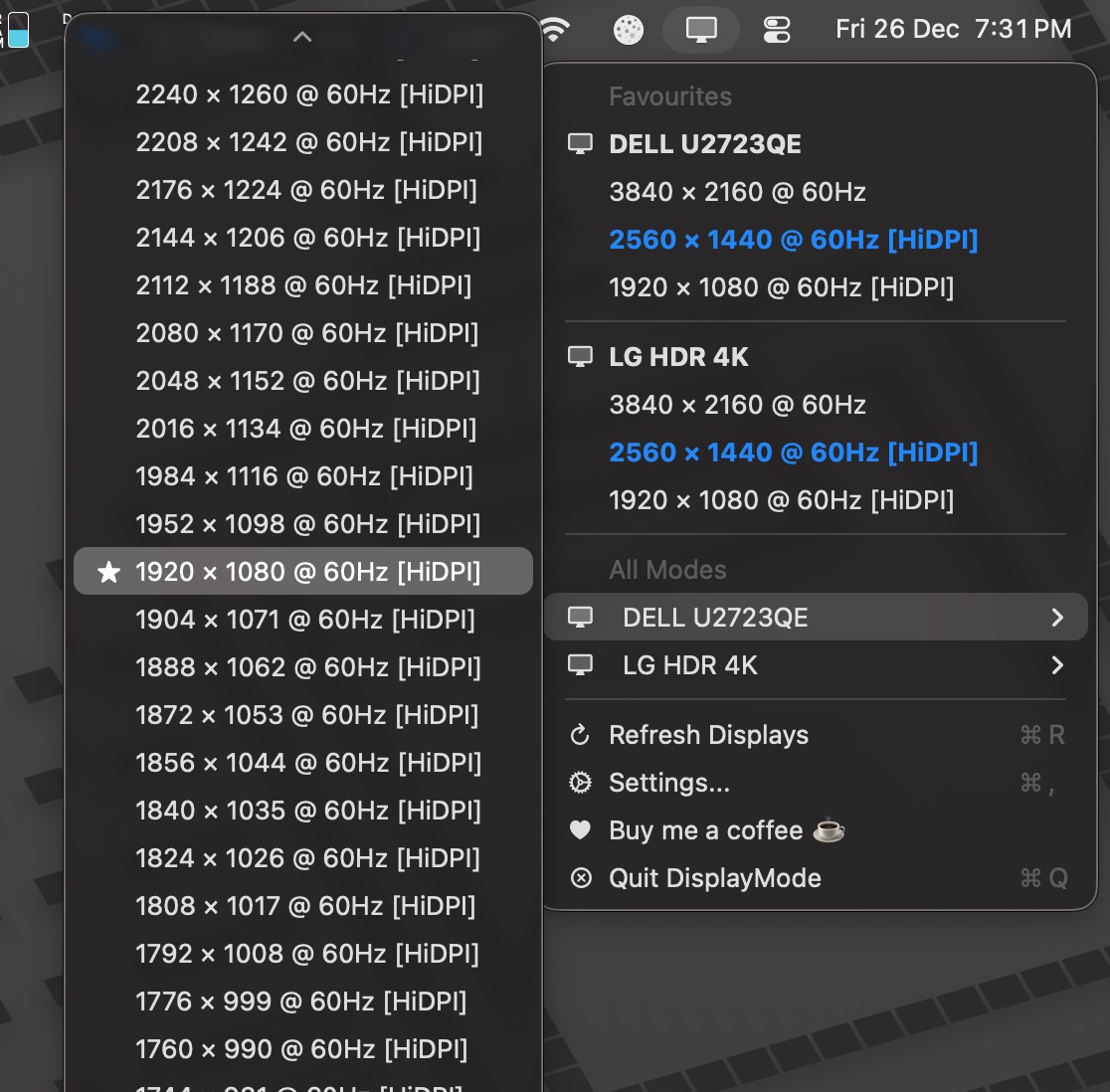 DisplayMode Menu bar dropdown showing favorite display modes with the current mode highlighted in bold blue
