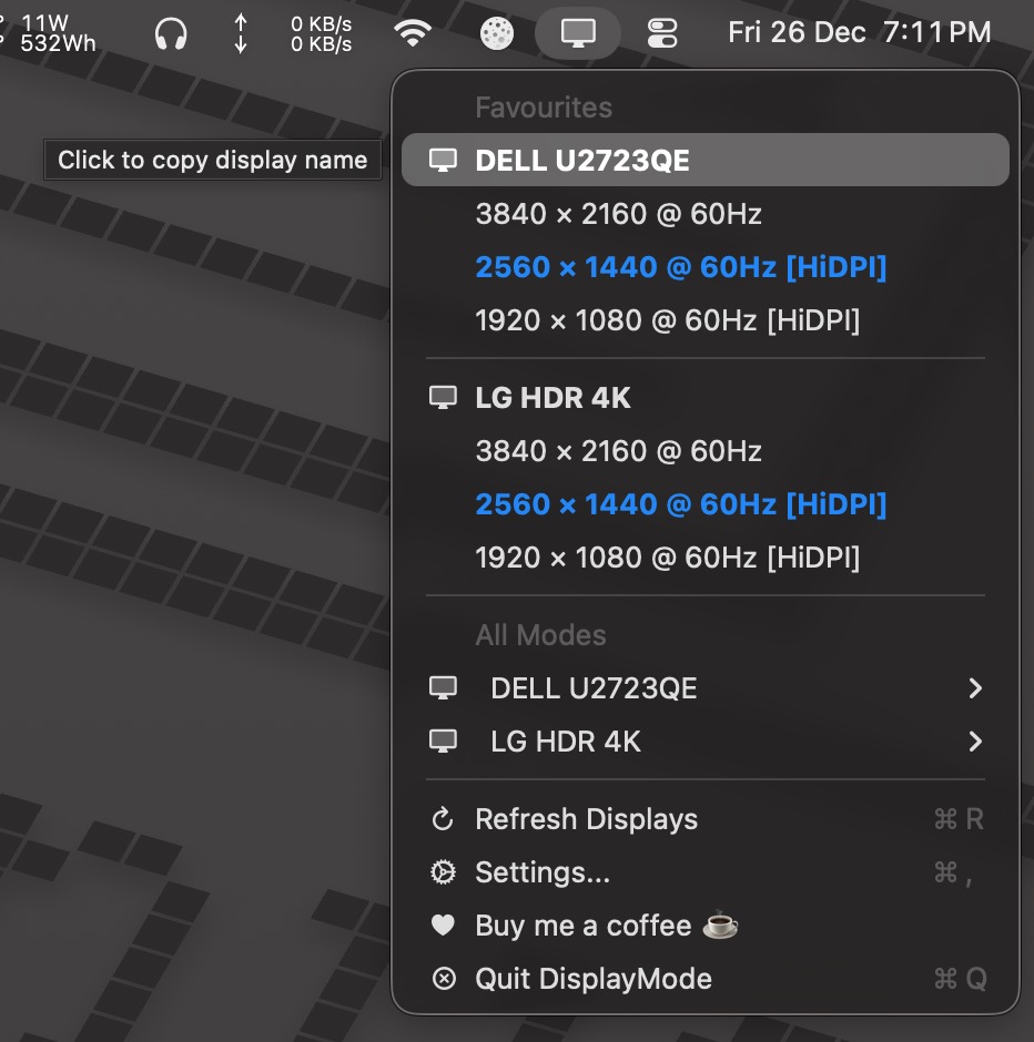 Menu bar dropdown with a display name being copied to the clipboard