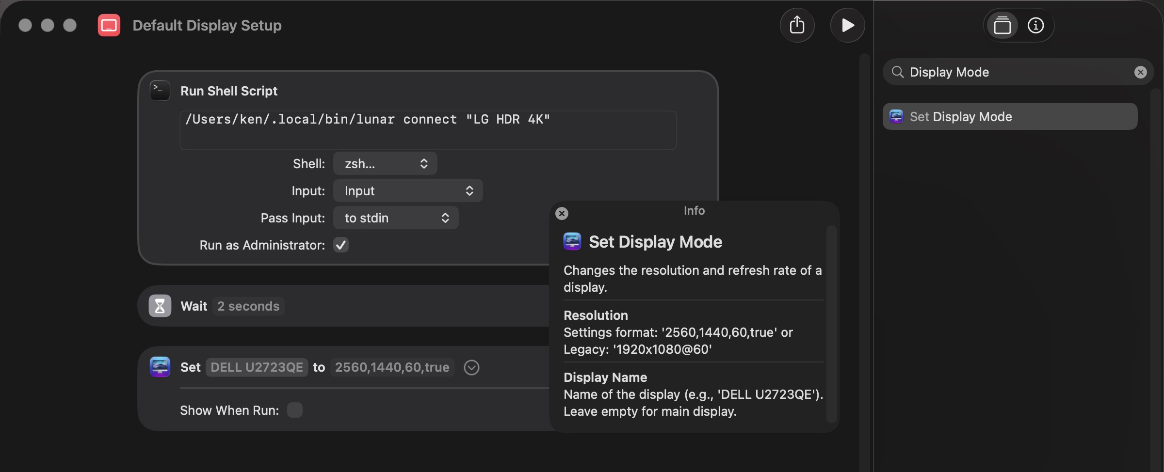 Shortcuts app configured with the Set Display Mode action and resolution parameters