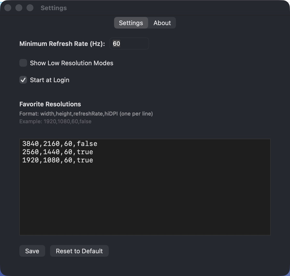 Settings window showing minimum refresh rate, start at login, and a list of favorite resolutions