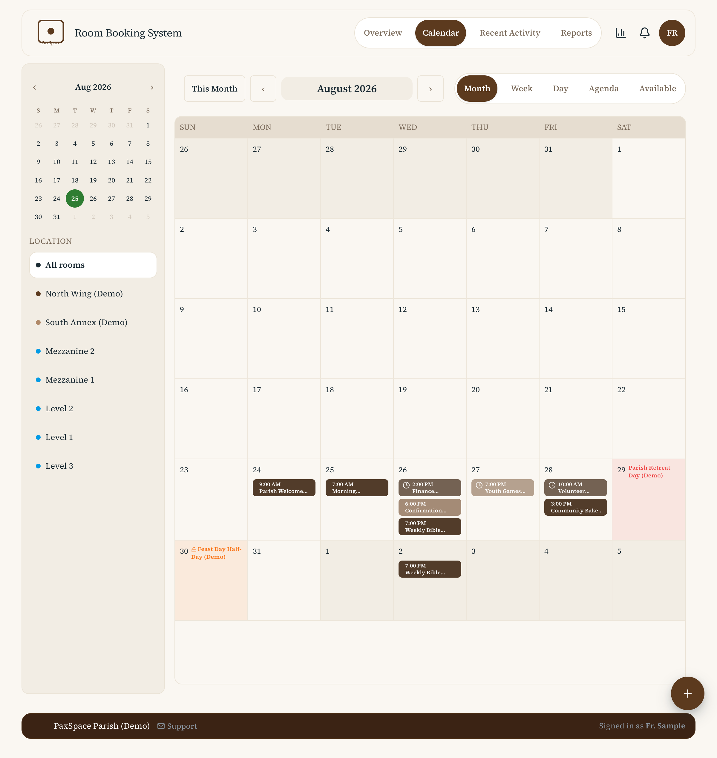 Month calendar view with colour-coded room bookings