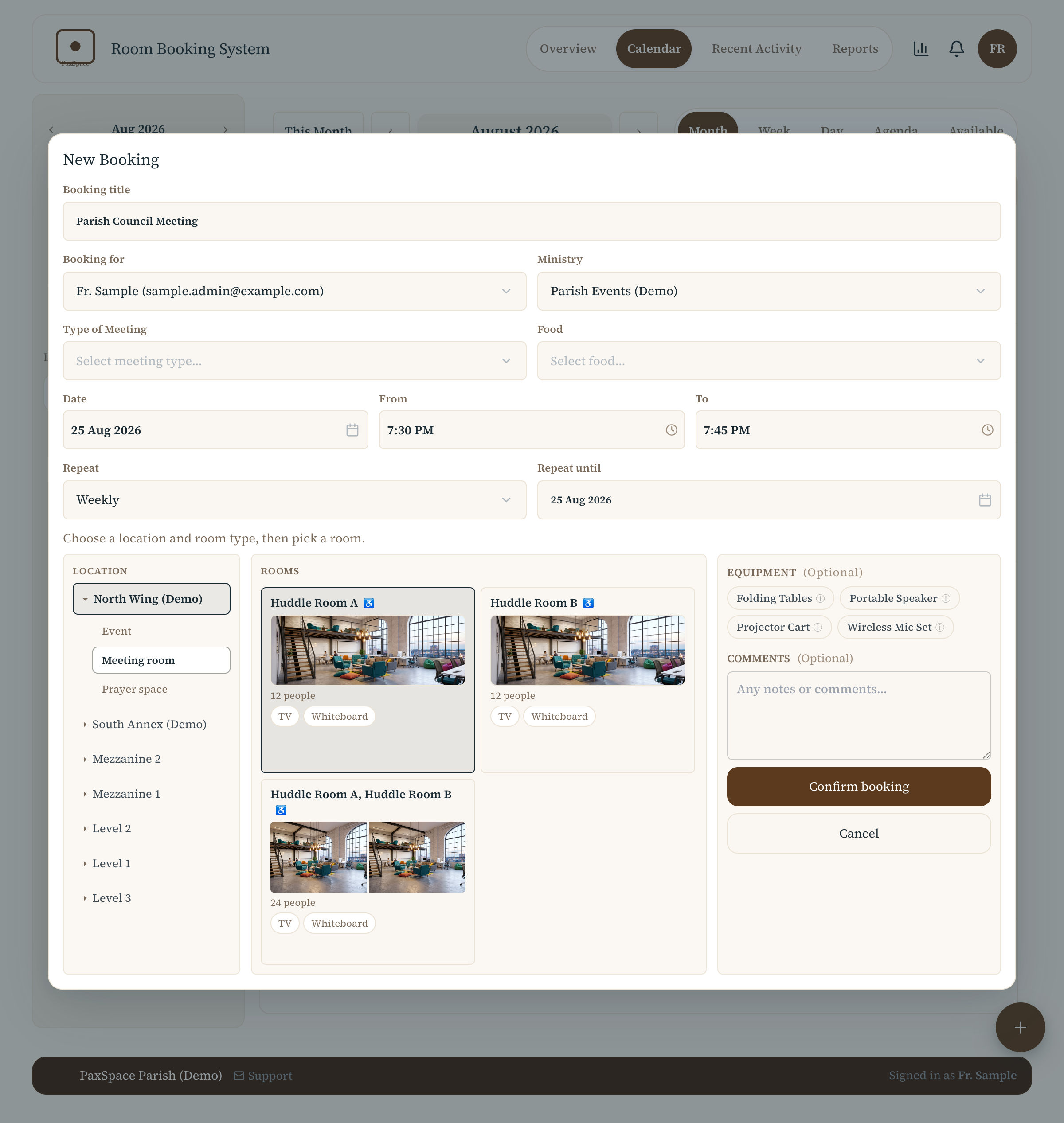 New booking form with room, time, and recurrence options