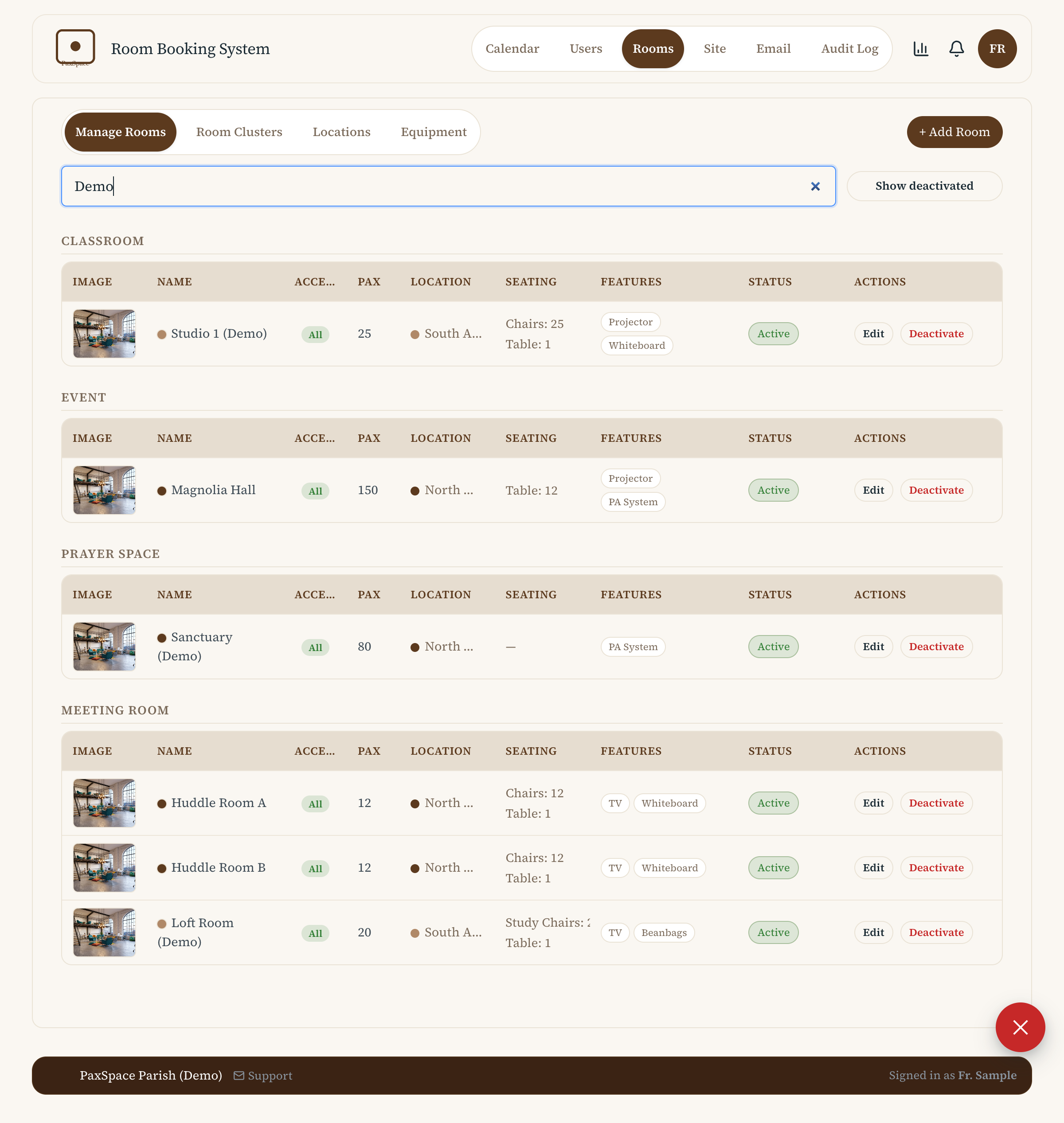 Room catalogue with clusters, capacity, and feature tags