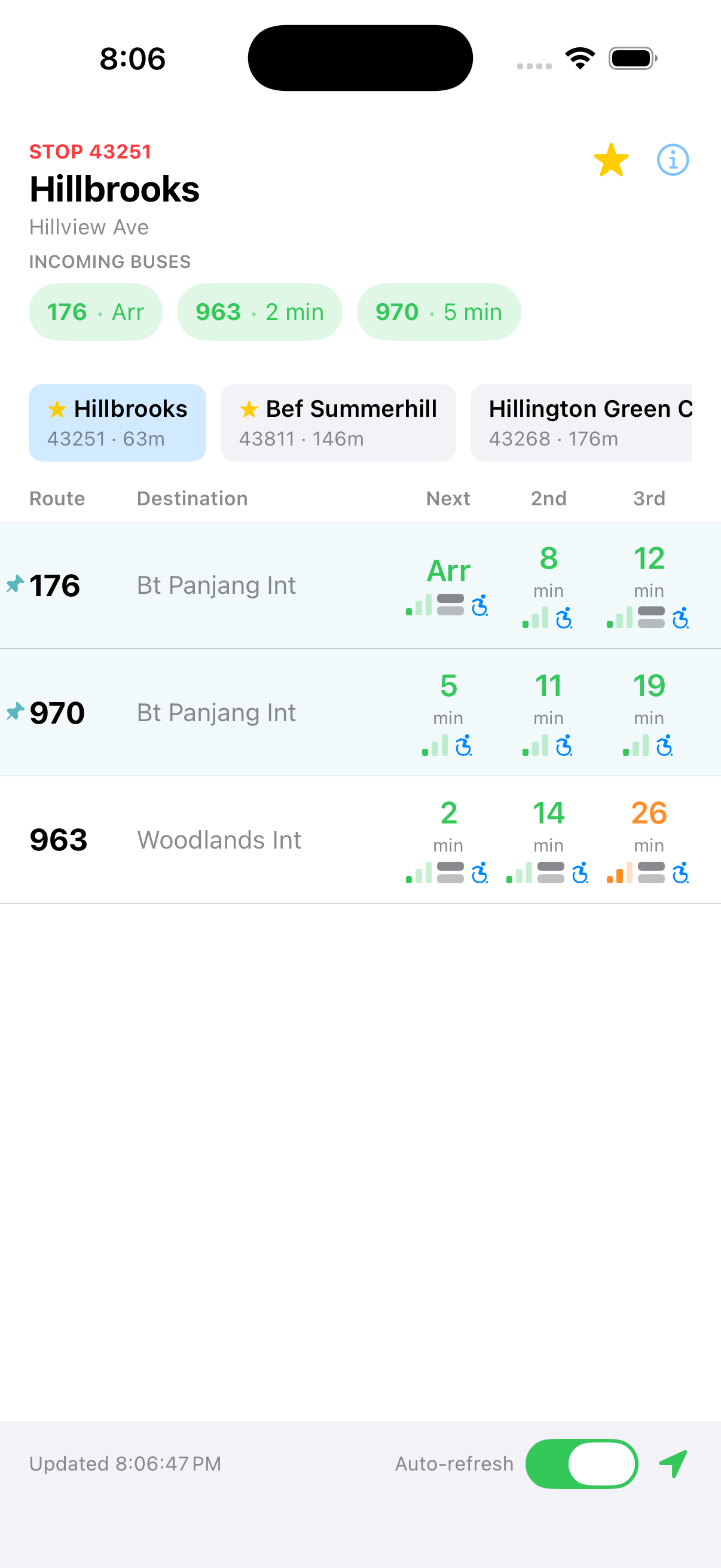 Nearest bus stops with live arrivals and nearby stop chips visible at the top on launch