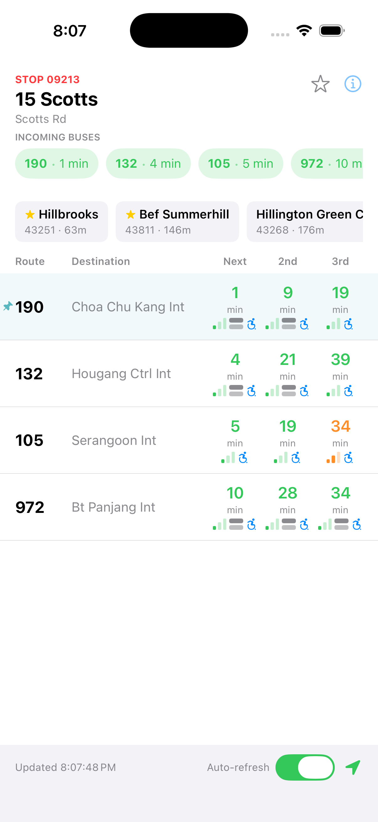 Bus stop board with route 190 pinned to the top of the list, highlighted above other services