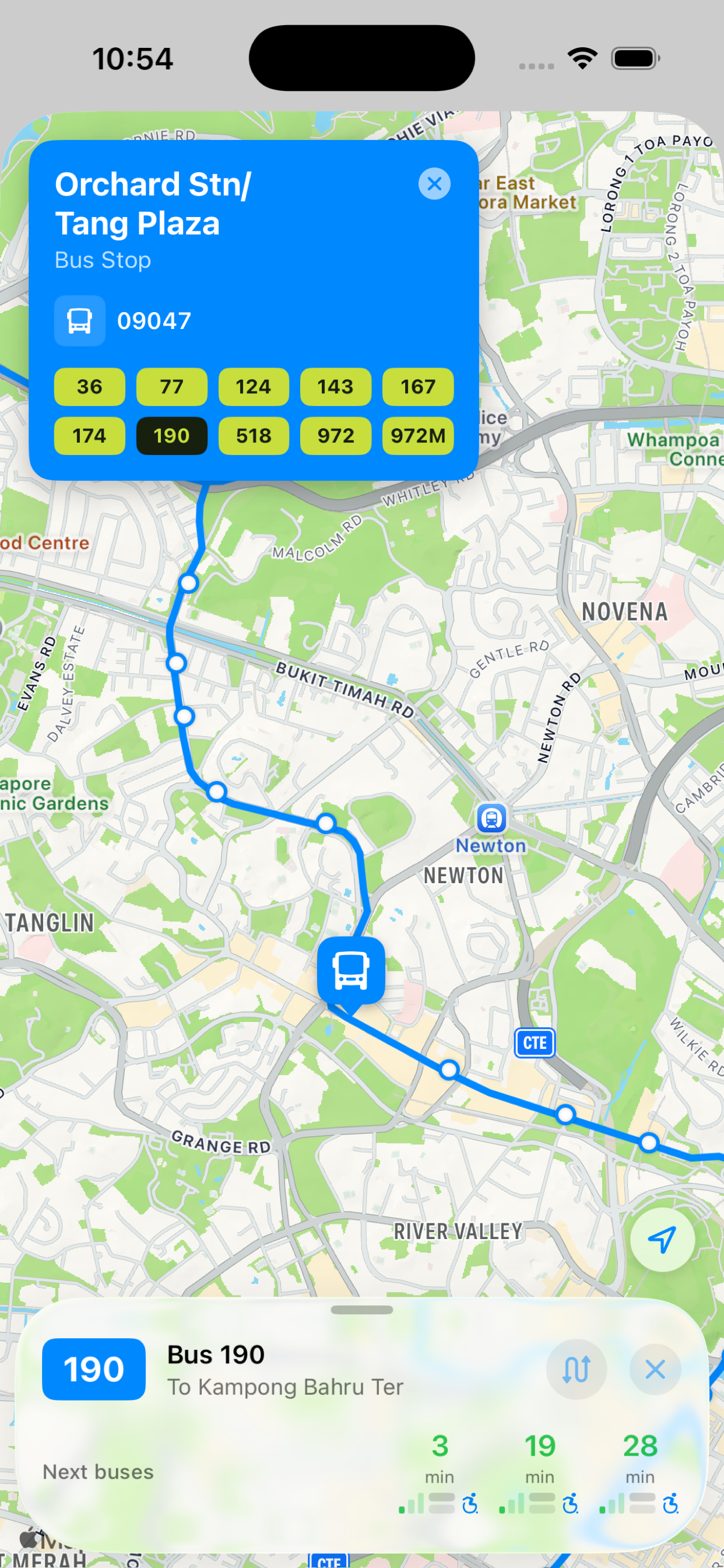 Map view showing bus route 190 with stops and next arrival times