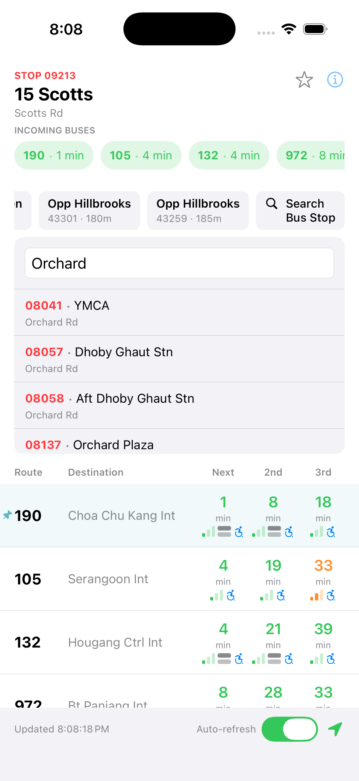 Search screen showing results for Orchard with matching bus stops