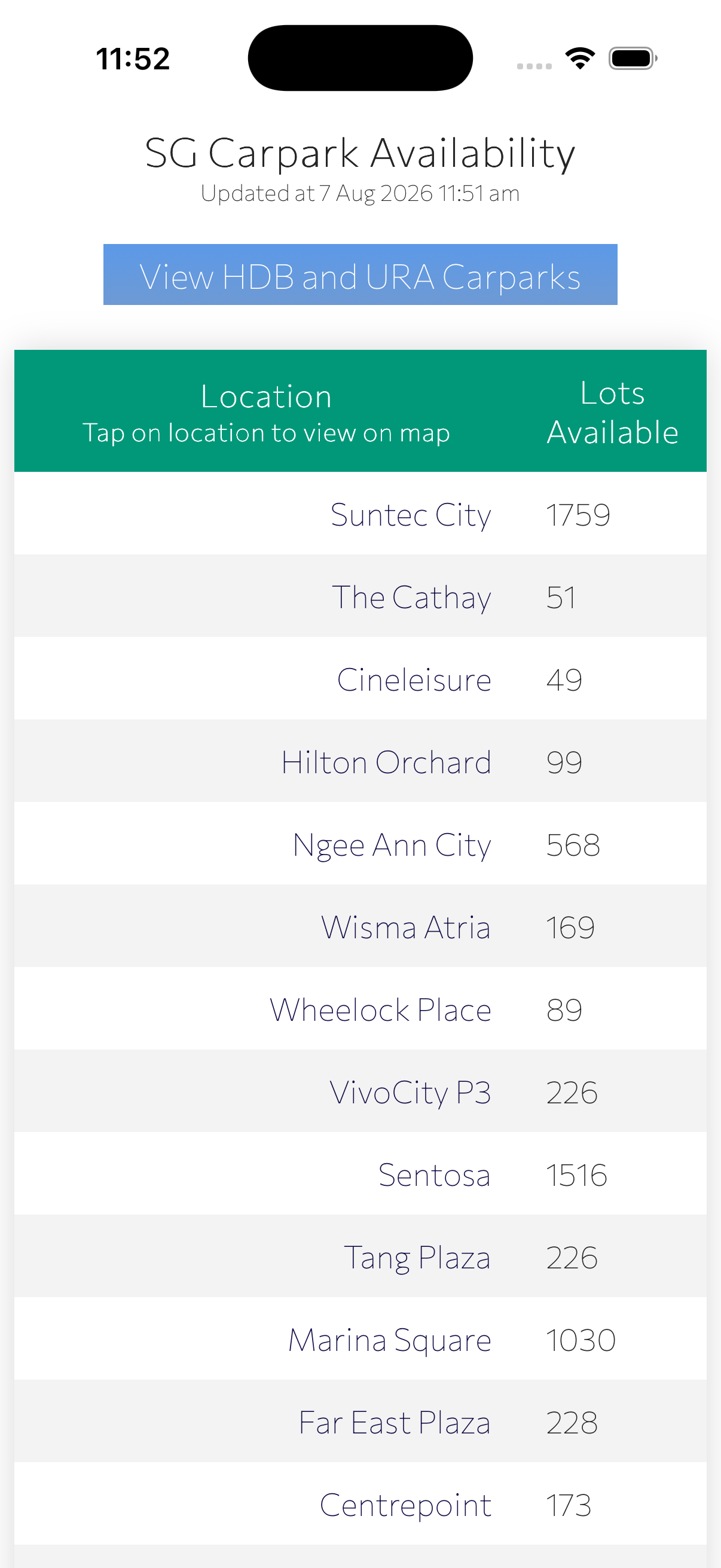 Live availability list for mall and building carparks such as Suntec City and VivoCity
