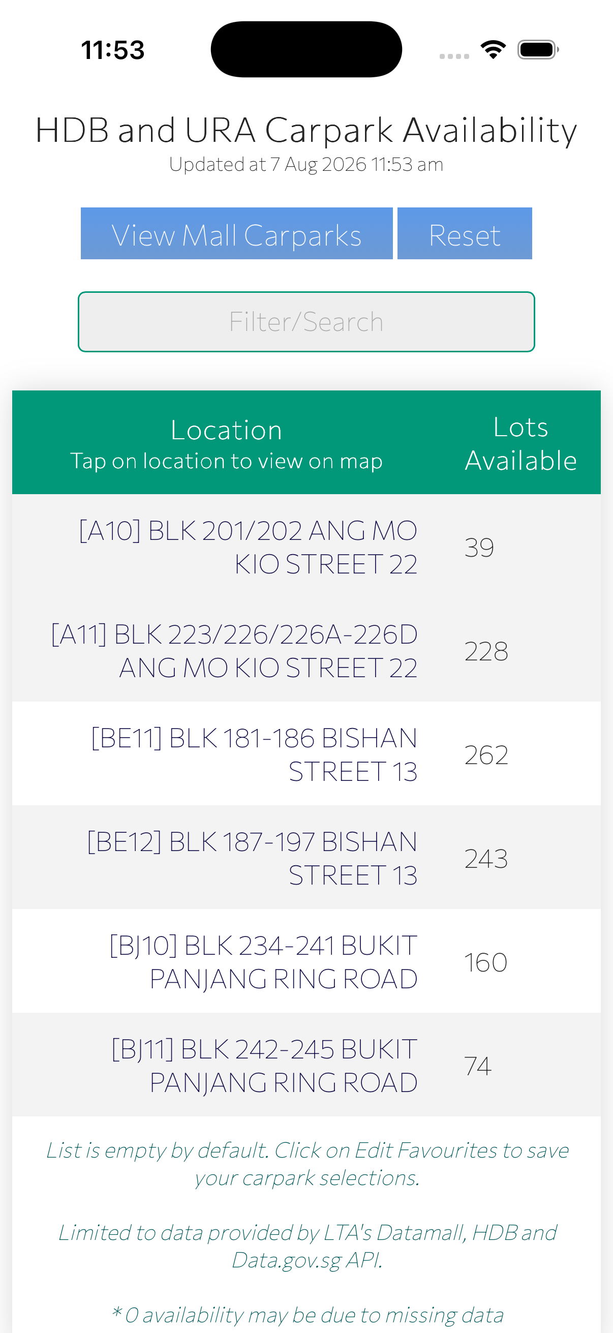 Live availability list for HDB and URA carparks with a filter/search box