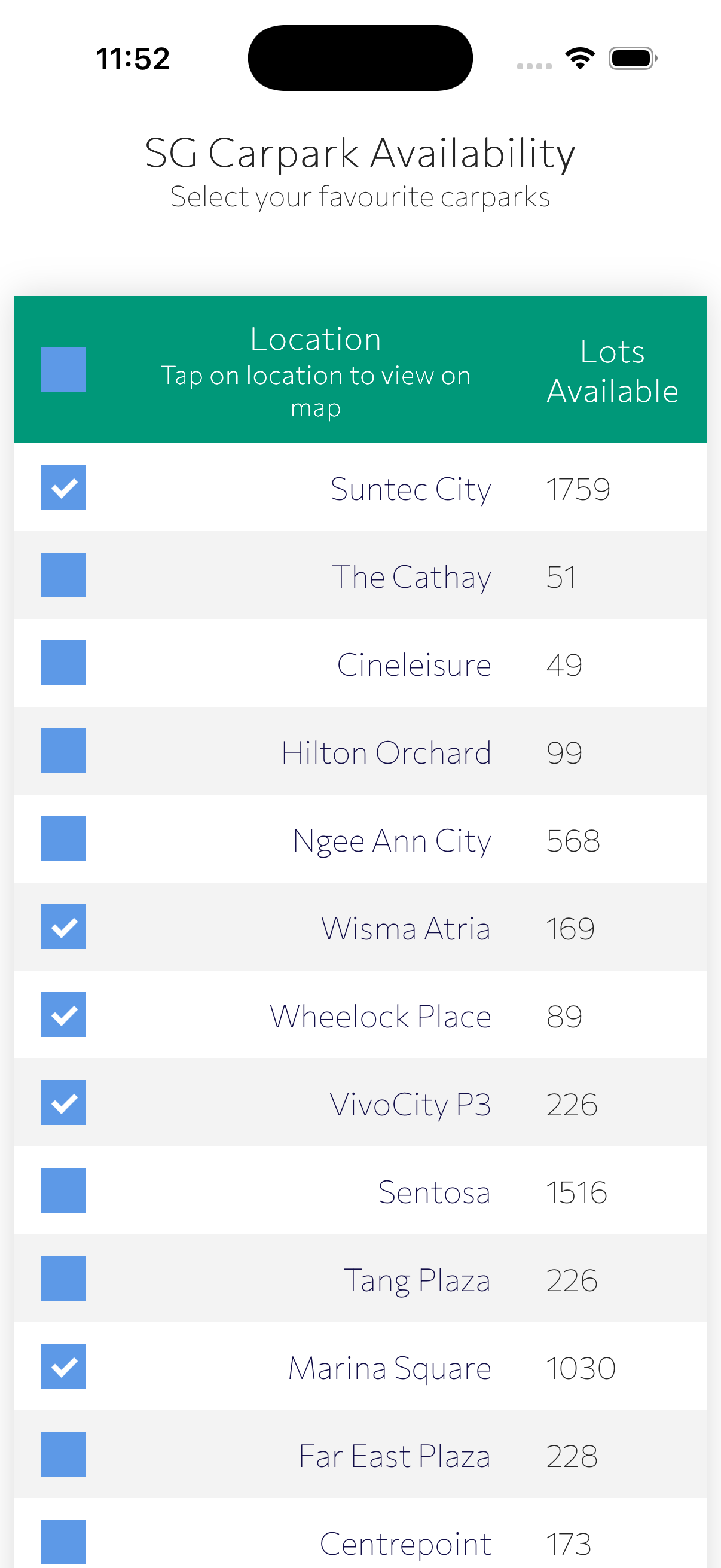 Screen for selecting favourite carparks with checkboxes next to each location