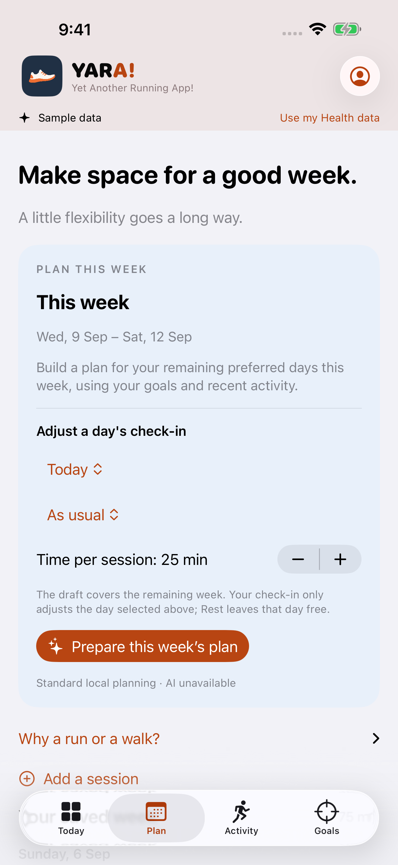 YARA This week planner with remaining dates, a day-specific check-in and time-per-session controls using sample data.