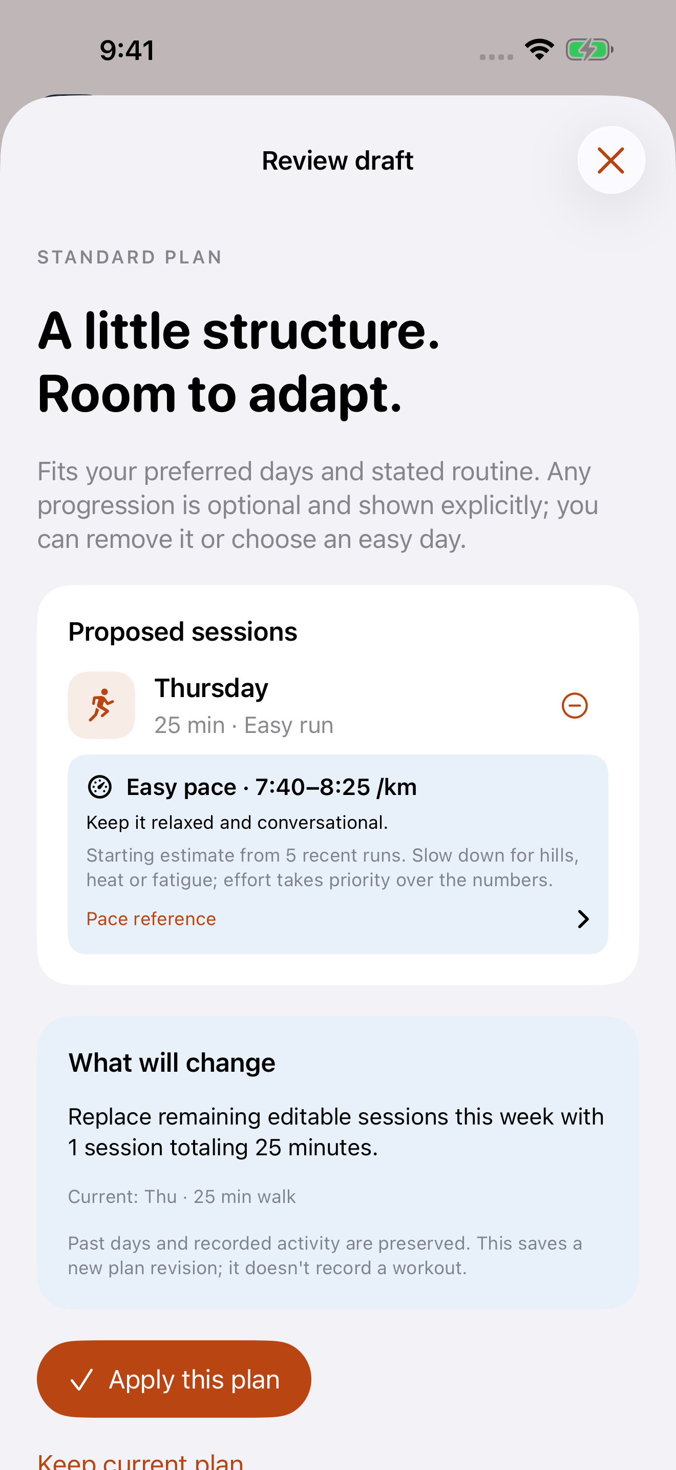 YARA draft review showing an easy run with an estimated pace range and duration, ready to review and apply.