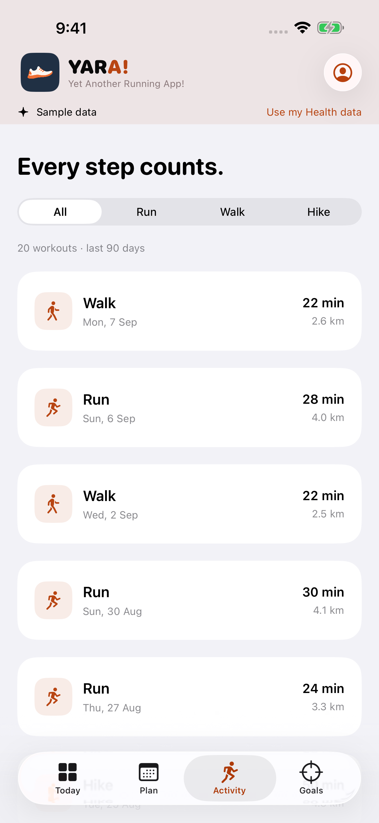 YARA activity list with All, Run, Walk and Hike filters and sample workout durations and distances.
