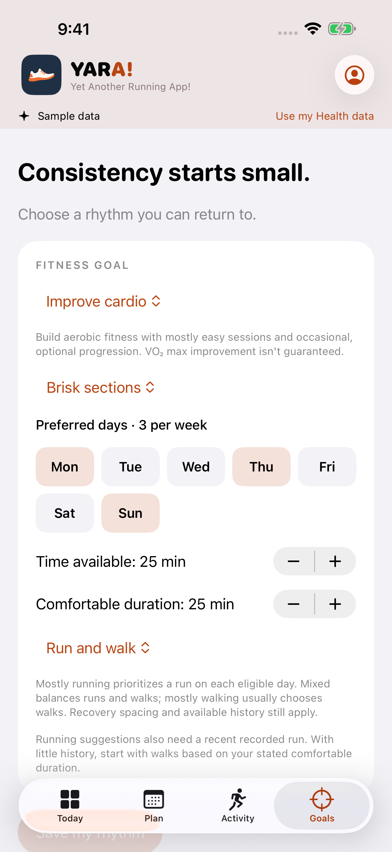 YARA goals screen with Improve cardio selected, optional brisk sections, preferred days and comfortable duration controls.